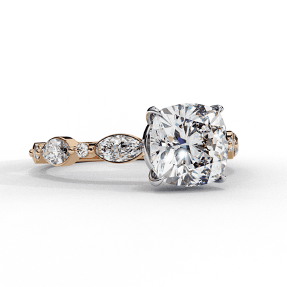 Cushion Cut Lab Grown Diamond Pavé Engagement Ring with Marquise and Round Vintage Shoulders