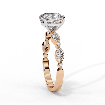 Cushion Cut Lab Grown Diamond Pavé Engagement Ring with Marquise and Round Vintage Shoulders