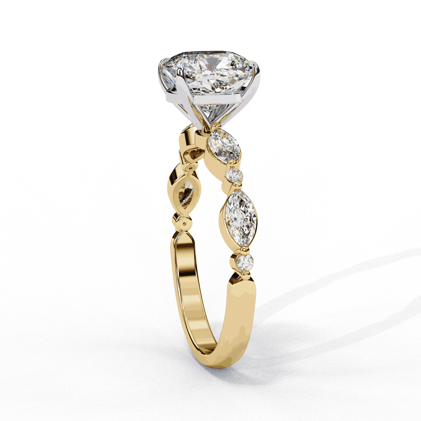 Cushion Cut Lab Grown Diamond Pavé Engagement Ring with Marquise and Round Vintage Shoulders