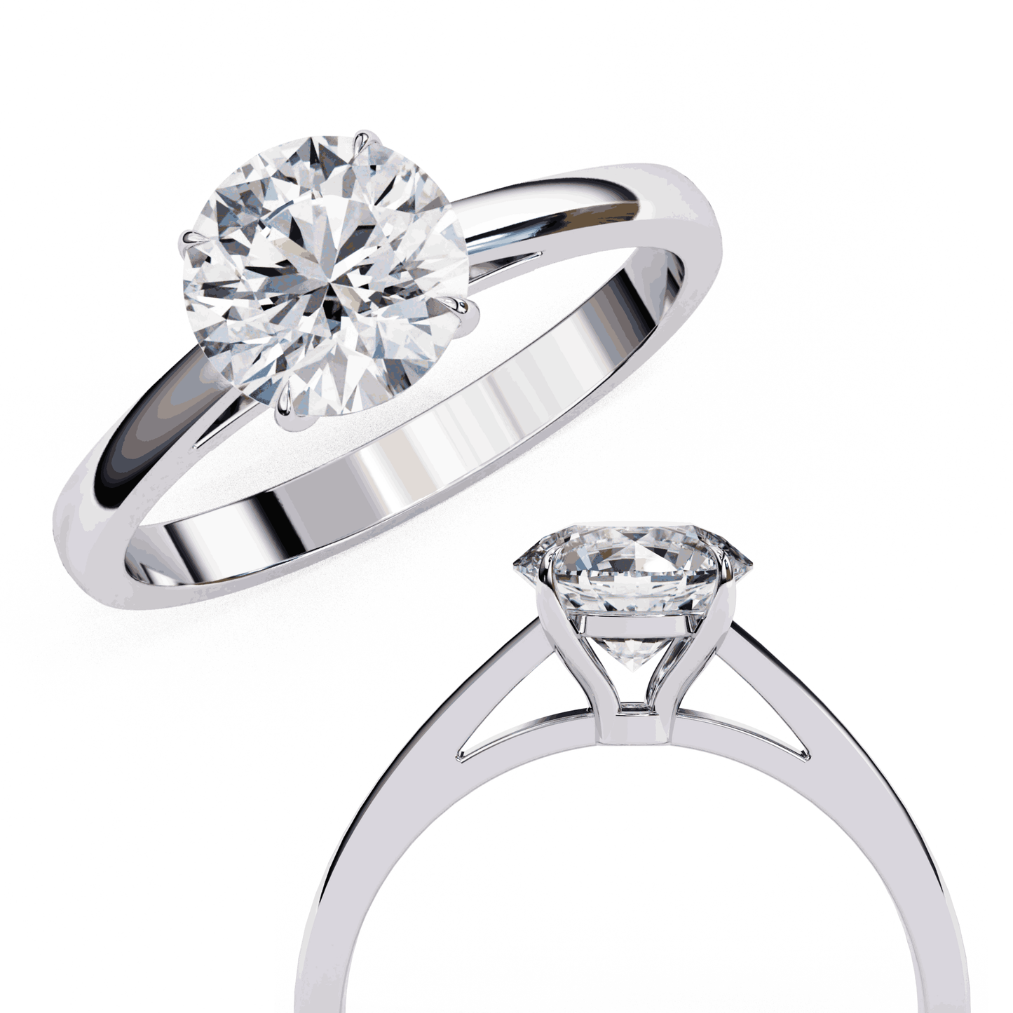 Round Cut Lab Grown Diamond Solitaire Engagement Ring with Cathedral Tapered Band