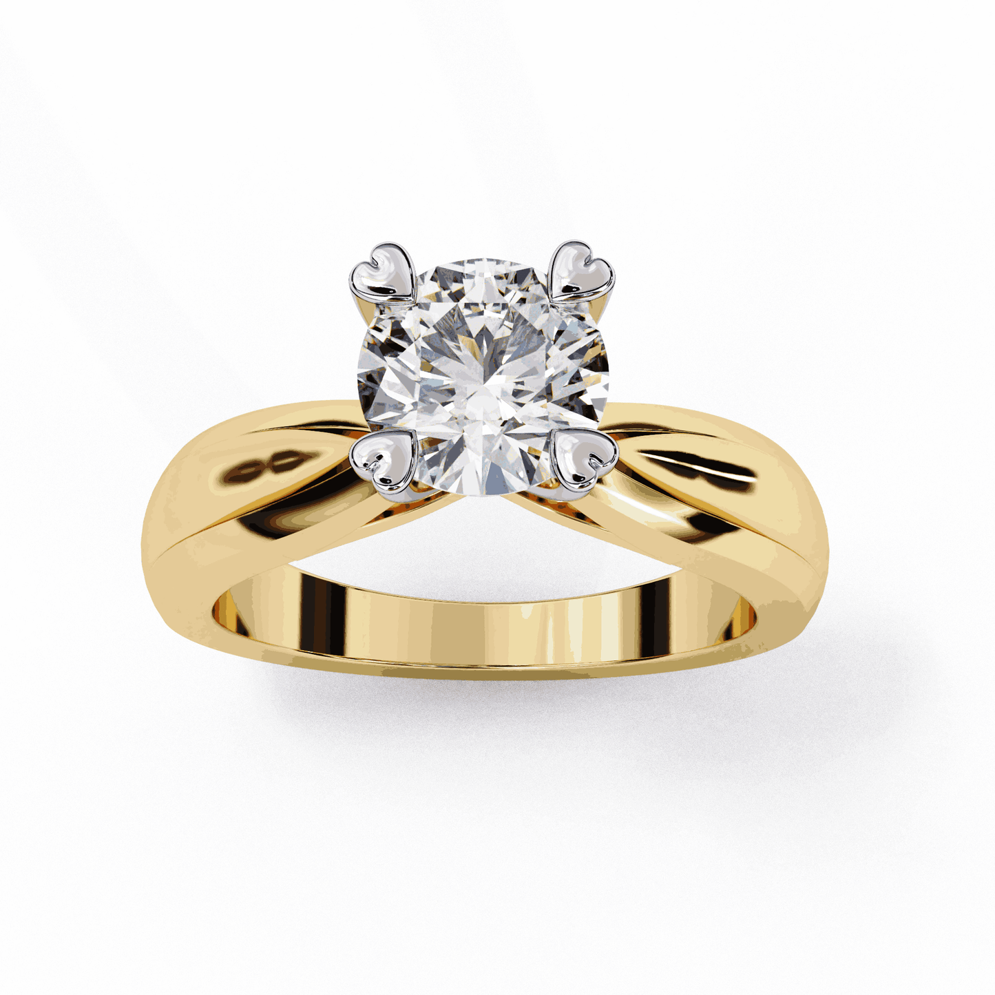 Round Cut Lab Grown Diamond Solitaire Engagement Ring with Heart Prongs and Infinity Gallery