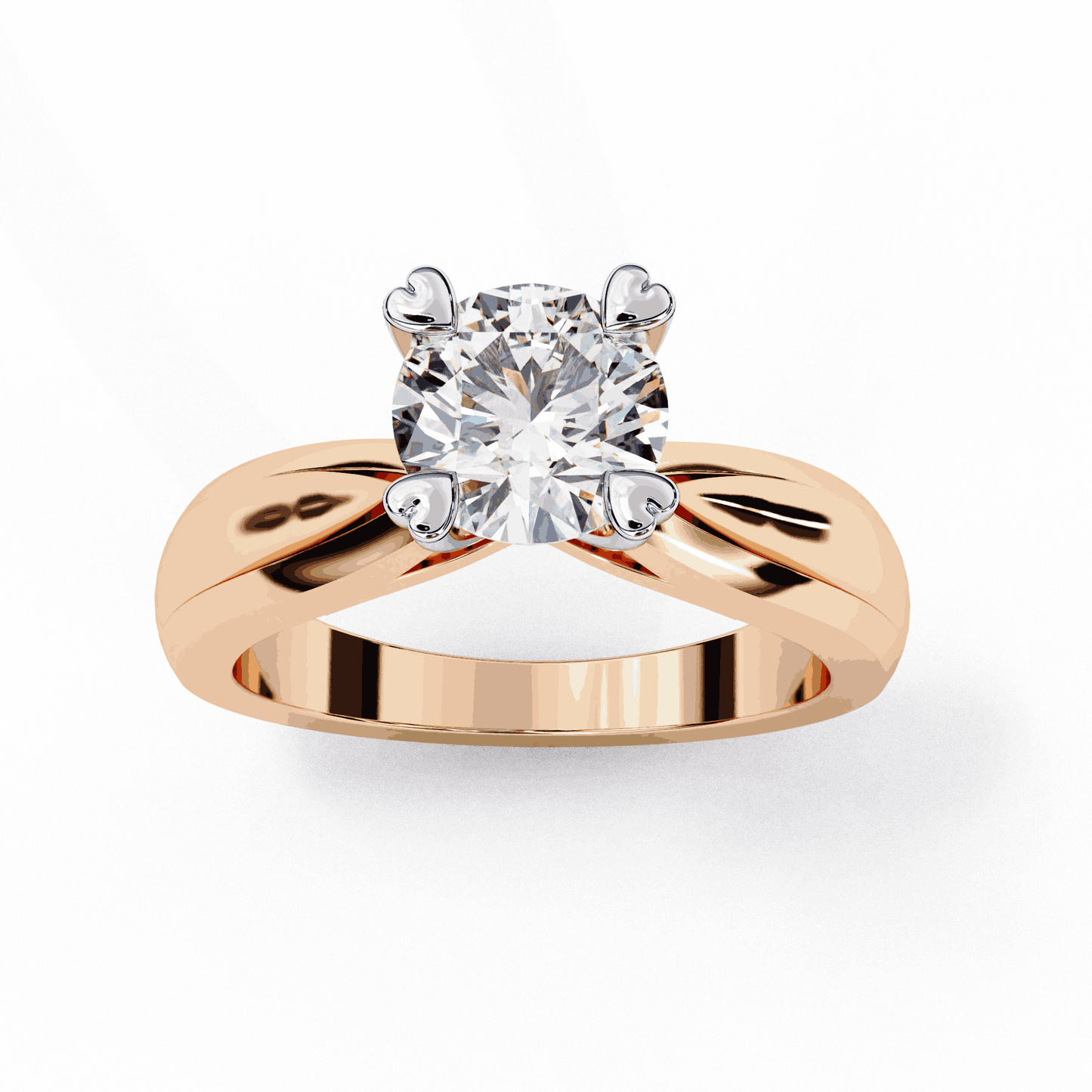 Round Cut Lab Grown Diamond Solitaire Engagement Ring with Heart Prongs and Infinity Gallery