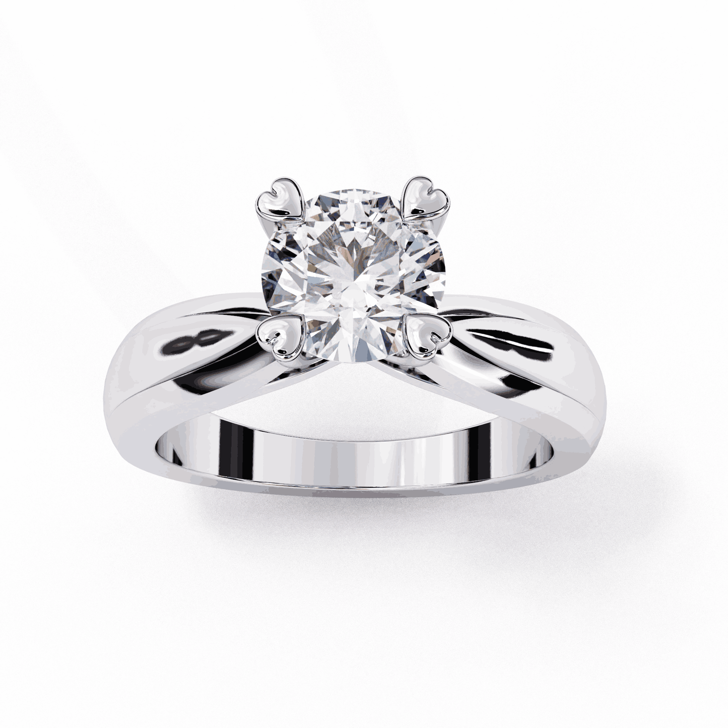 Round Cut Lab Grown Diamond Solitaire Engagement Ring with Heart Prongs and Infinity Gallery