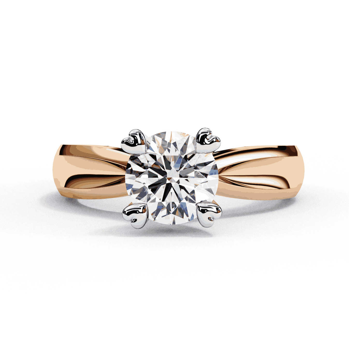 Round Cut Lab Grown Diamond Solitaire Engagement Ring with Heart Prongs and Infinity Gallery
