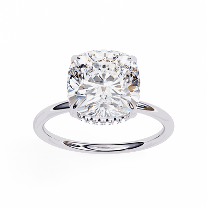 Cushion Cut Lab Grown Diamond Halo Engagement Ring with Hidden Pavé Slim Band