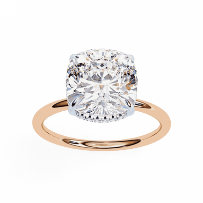 Cushion Cut Lab Grown Diamond Halo Engagement Ring with Hidden Pavé Slim Band