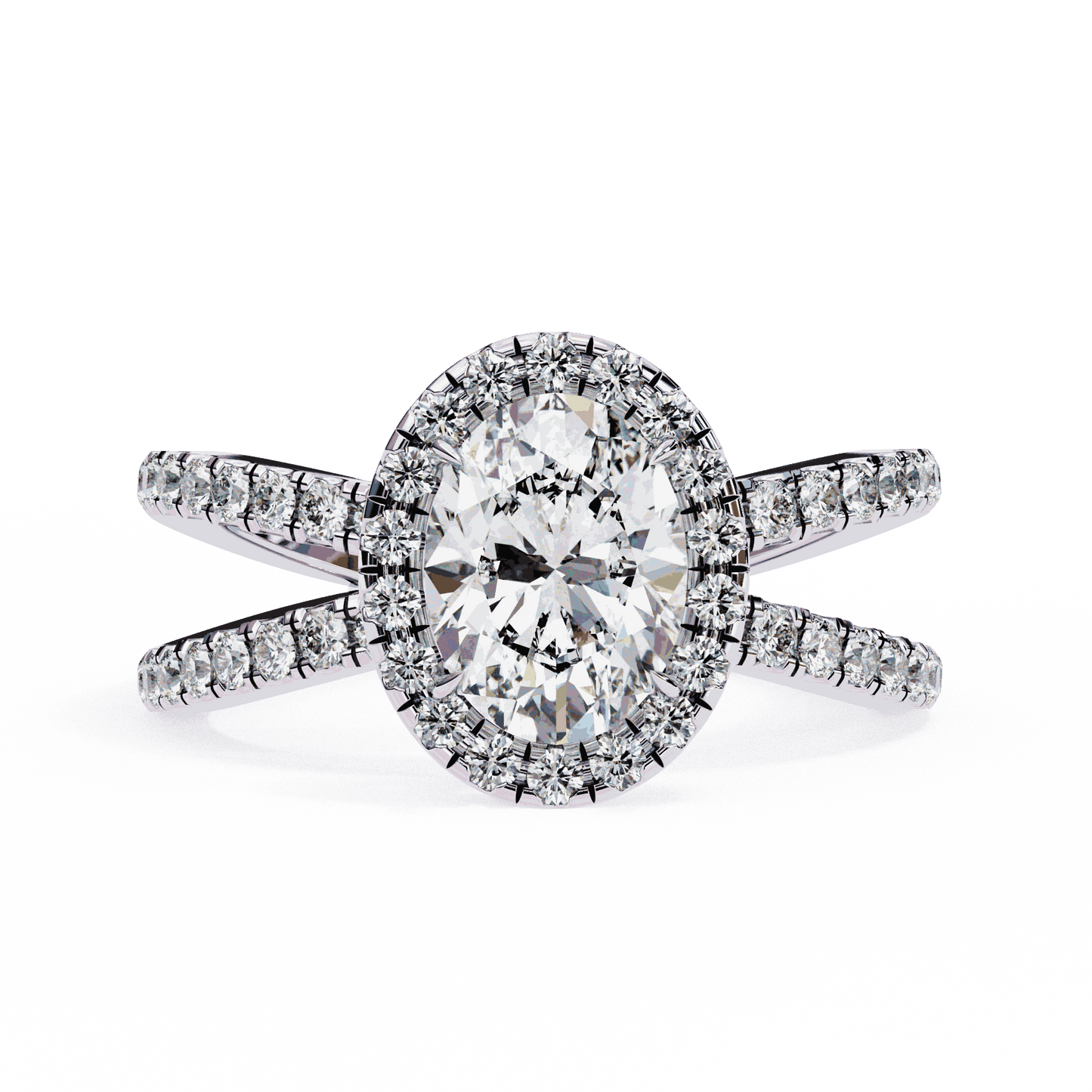 Oval Cut Lab Grown Diamond Halo Engagement Ring with Pavé Crossover Shank