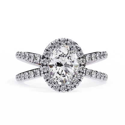 Oval Cut Lab Grown Diamond Halo Engagement Ring with Pavé Crossover Shank