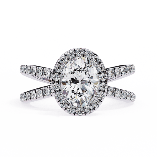 Oval Cut Lab Grown Diamond Halo Engagement Ring with Pavé Crossover Shank