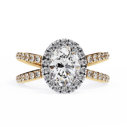 Oval Cut Lab Grown Diamond Halo Engagement Ring with Pavé Crossover Shank