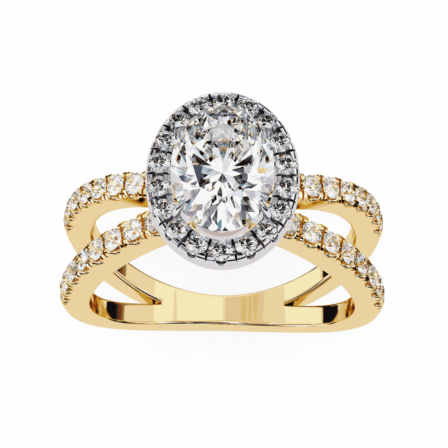Oval Cut Lab Grown Diamond Halo Engagement Ring with Pavé Crossover Shank