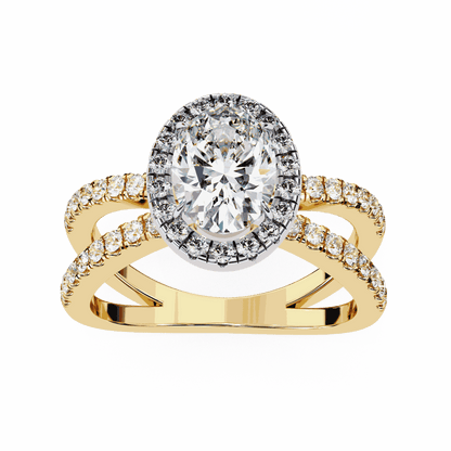 Oval Cut Lab Grown Diamond Halo Engagement Ring with Pavé Crossover Shank