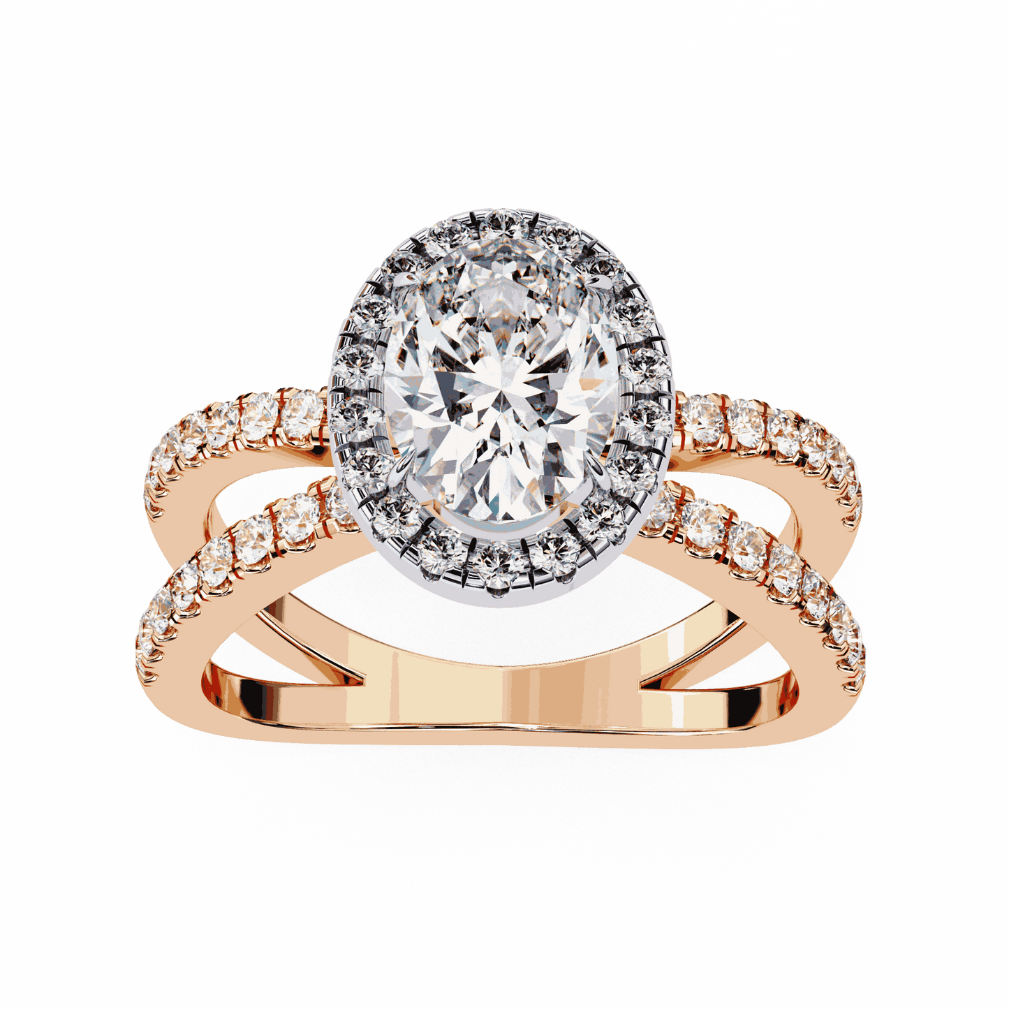 Oval Cut Lab Grown Diamond Halo Engagement Ring with Pavé Crossover Shank