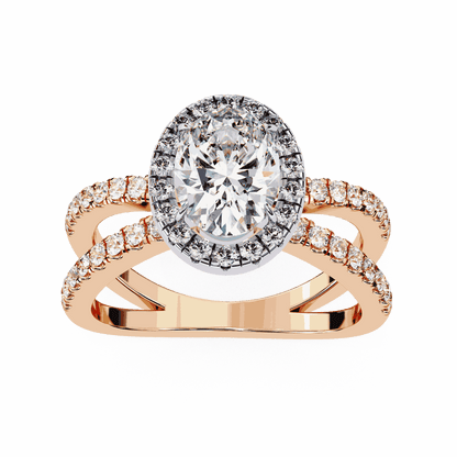 Oval Cut Lab Grown Diamond Halo Engagement Ring with Pavé Crossover Shank