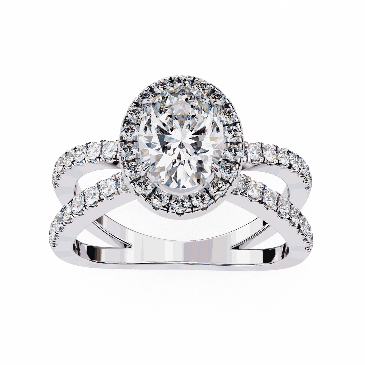 Oval Cut Lab Grown Diamond Halo Engagement Ring with Pavé Crossover Shank