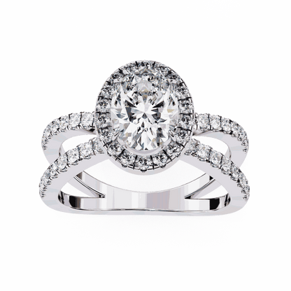 Oval Cut Lab Grown Diamond Halo Engagement Ring with Pavé Crossover Shank