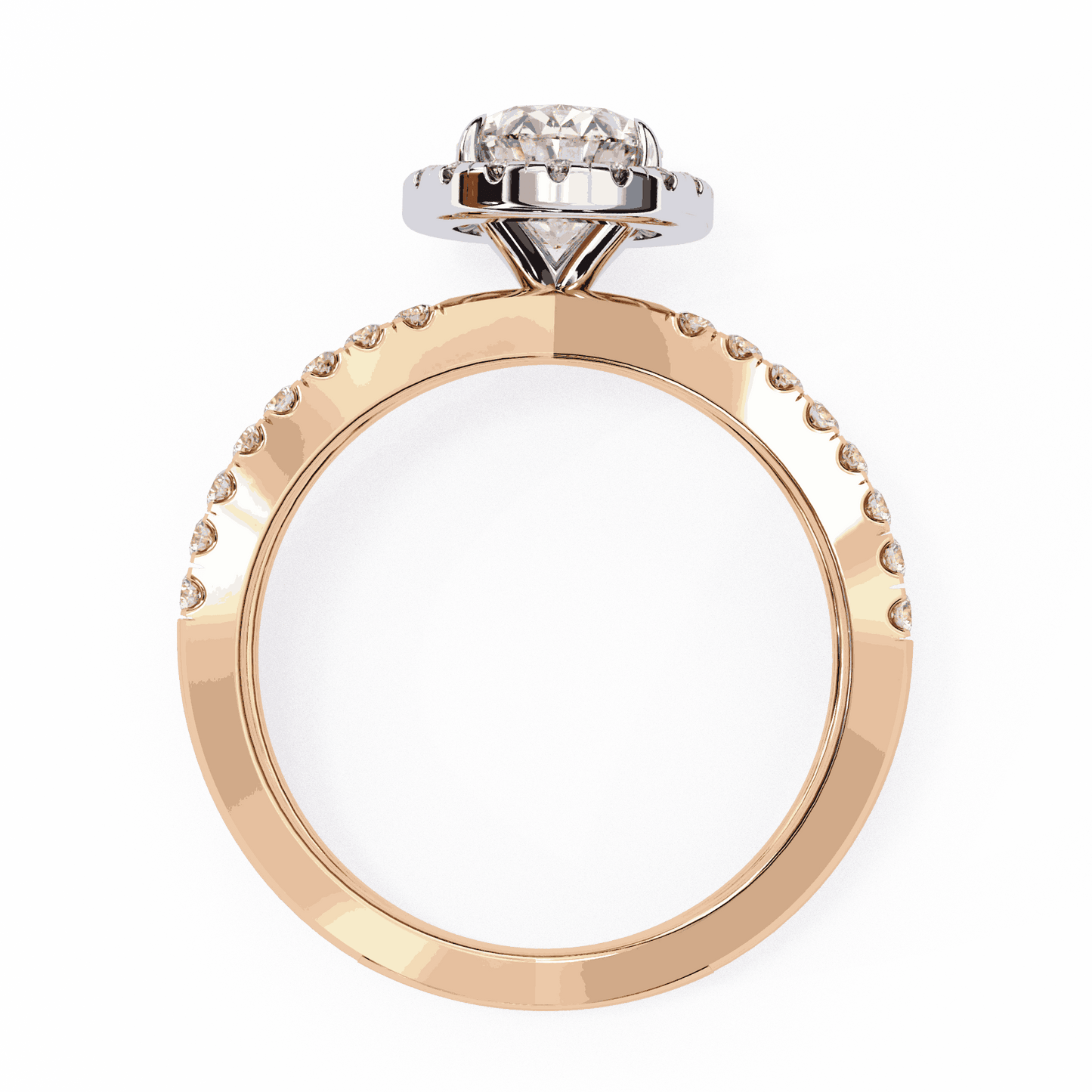Oval Cut Lab Grown Diamond Halo Engagement Ring with Pavé Crossover Shank