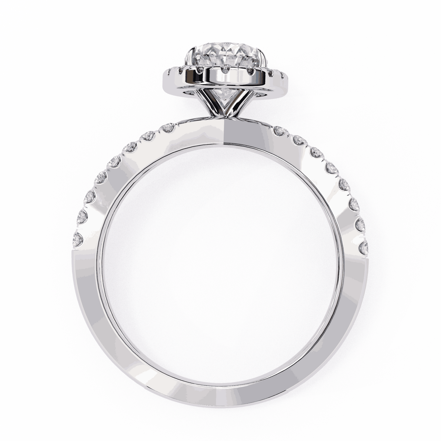 Oval Cut Lab Grown Diamond Halo Engagement Ring with Pavé Crossover Shank