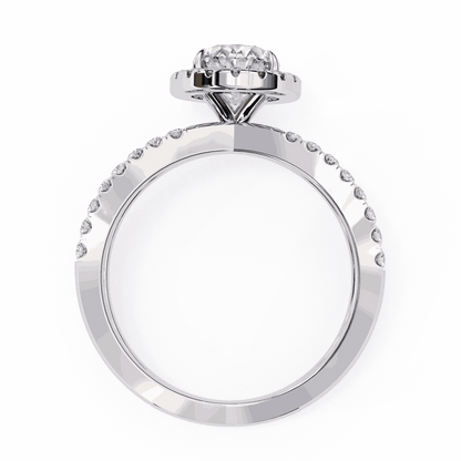 Oval Cut Lab Grown Diamond Halo Engagement Ring with Pavé Crossover Shank