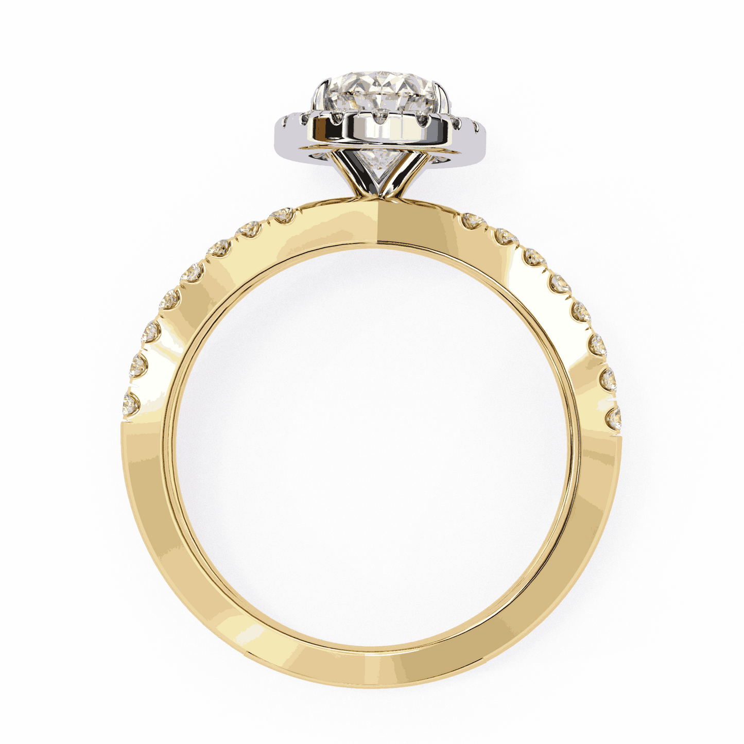 Oval Cut Lab Grown Diamond Halo Engagement Ring with Pavé Crossover Shank