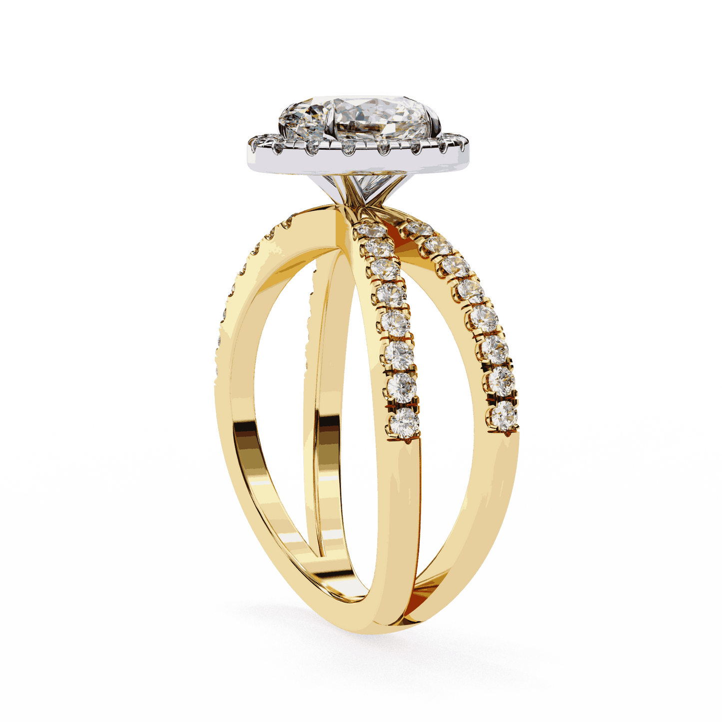 Oval Cut Lab Grown Diamond Halo Engagement Ring with Pavé Crossover Shank