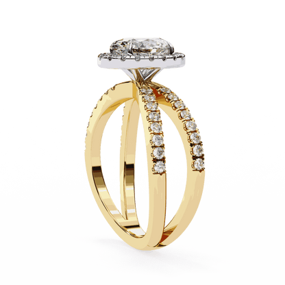 Oval Cut Lab Grown Diamond Halo Engagement Ring with Pavé Crossover Shank