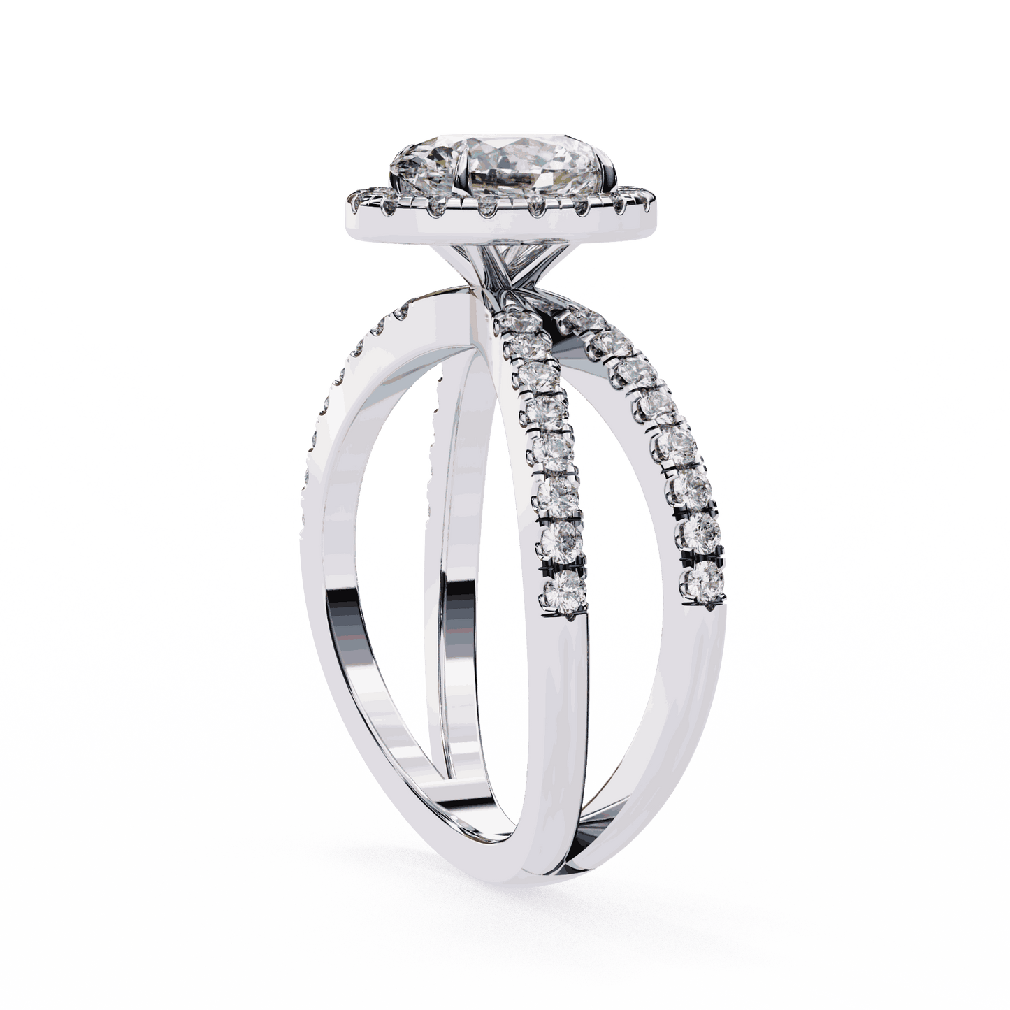 Oval Cut Lab Grown Diamond Halo Engagement Ring with Pavé Crossover Shank