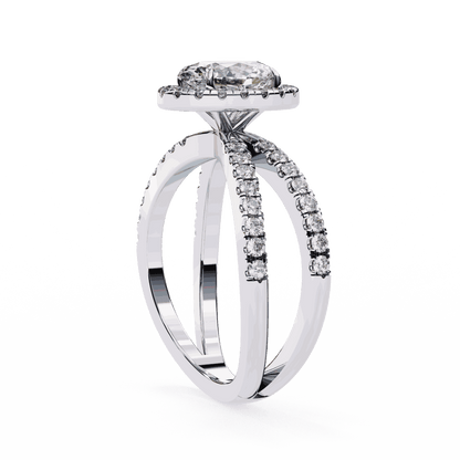 Oval Cut Lab Grown Diamond Halo Engagement Ring with Pavé Crossover Shank
