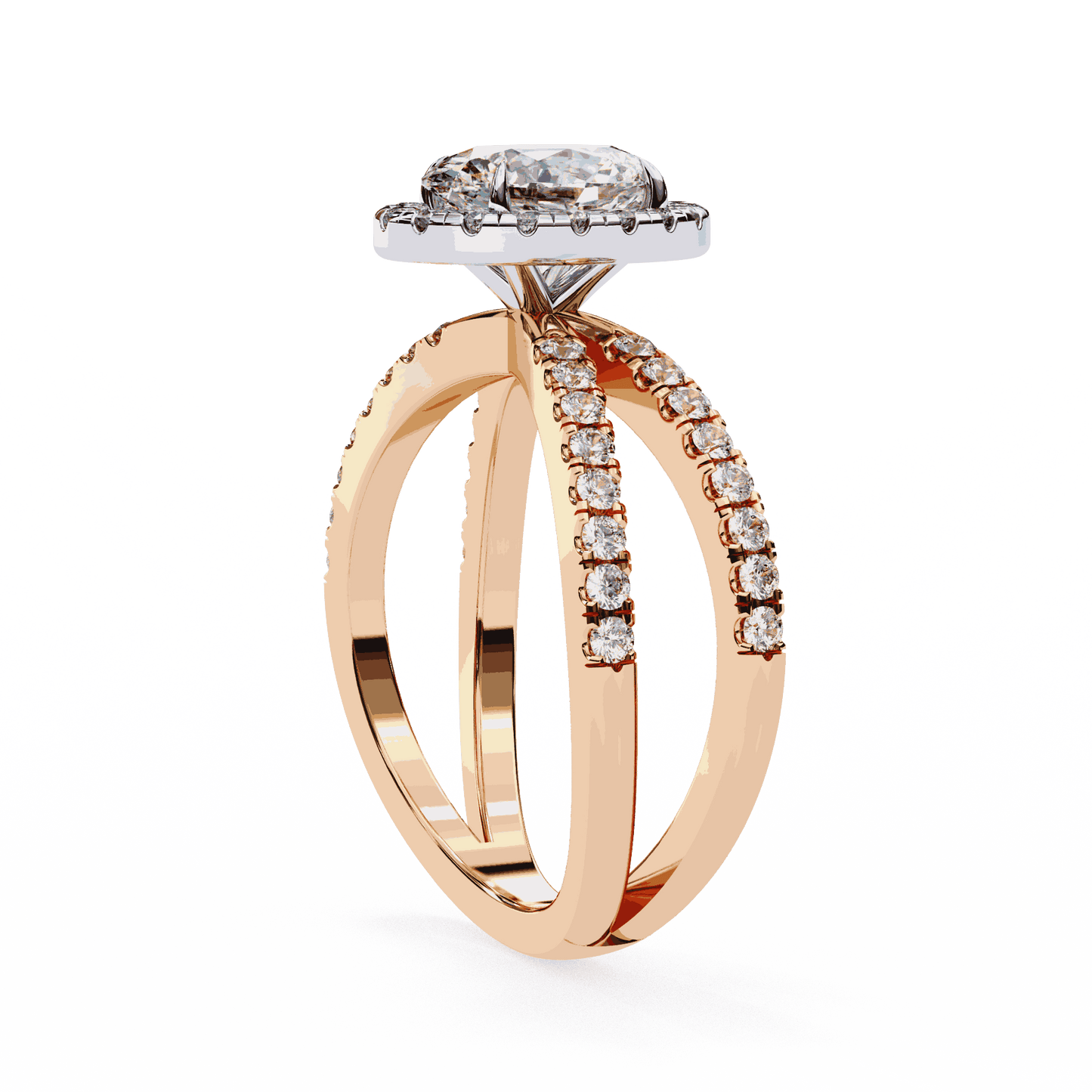 Oval Cut Lab Grown Diamond Halo Engagement Ring with Pavé Crossover Shank