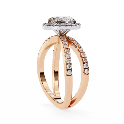 Oval Cut Lab Grown Diamond Halo Engagement Ring with Pavé Crossover Shank