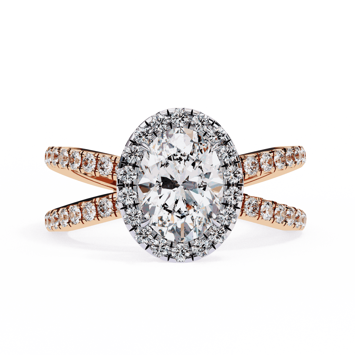 Oval Cut Lab Grown Diamond Halo Engagement Ring with Pavé Crossover Shank