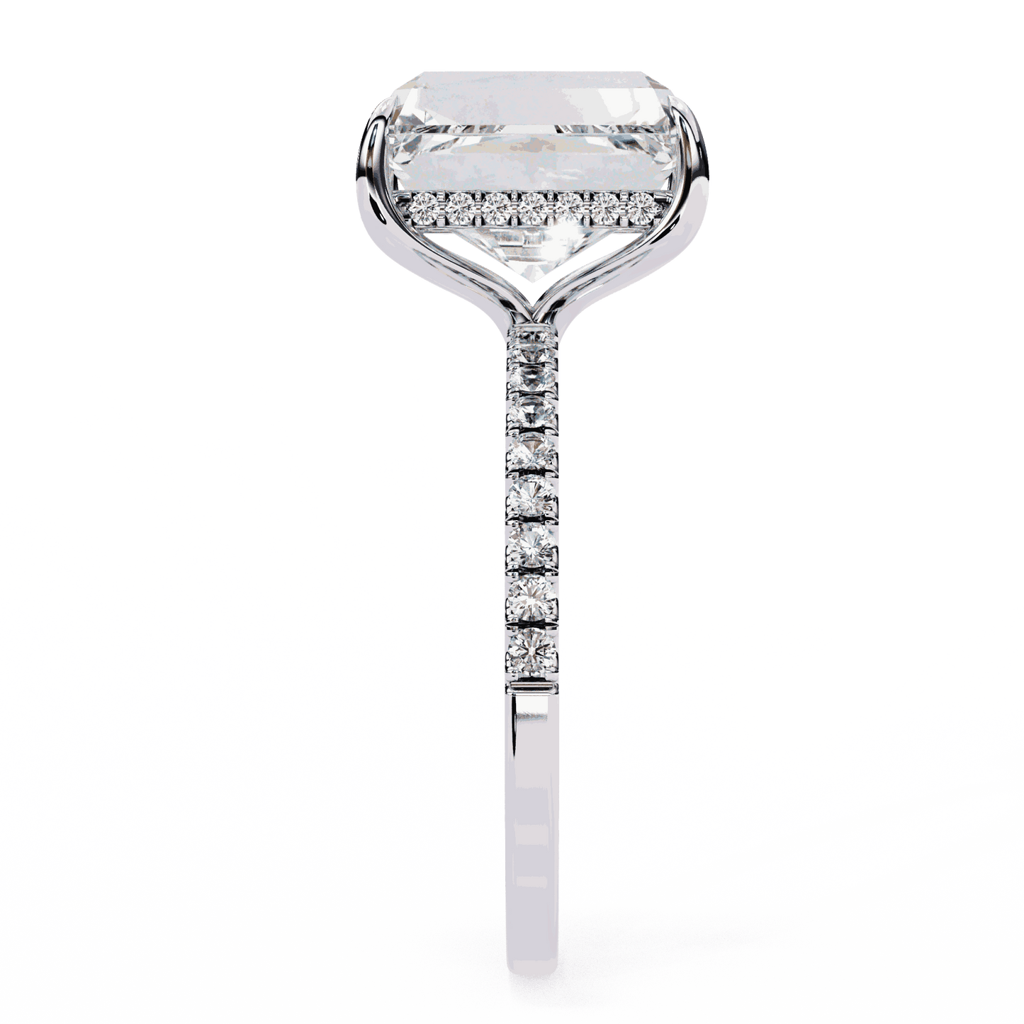 Emerald Cut Lab Grown Diamond Solitaire Engagement Ring with Hidden Halo and Pave Band