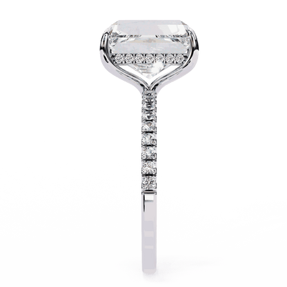 Emerald Cut Lab Grown Diamond Solitaire Engagement Ring with Hidden Halo and Pave Band