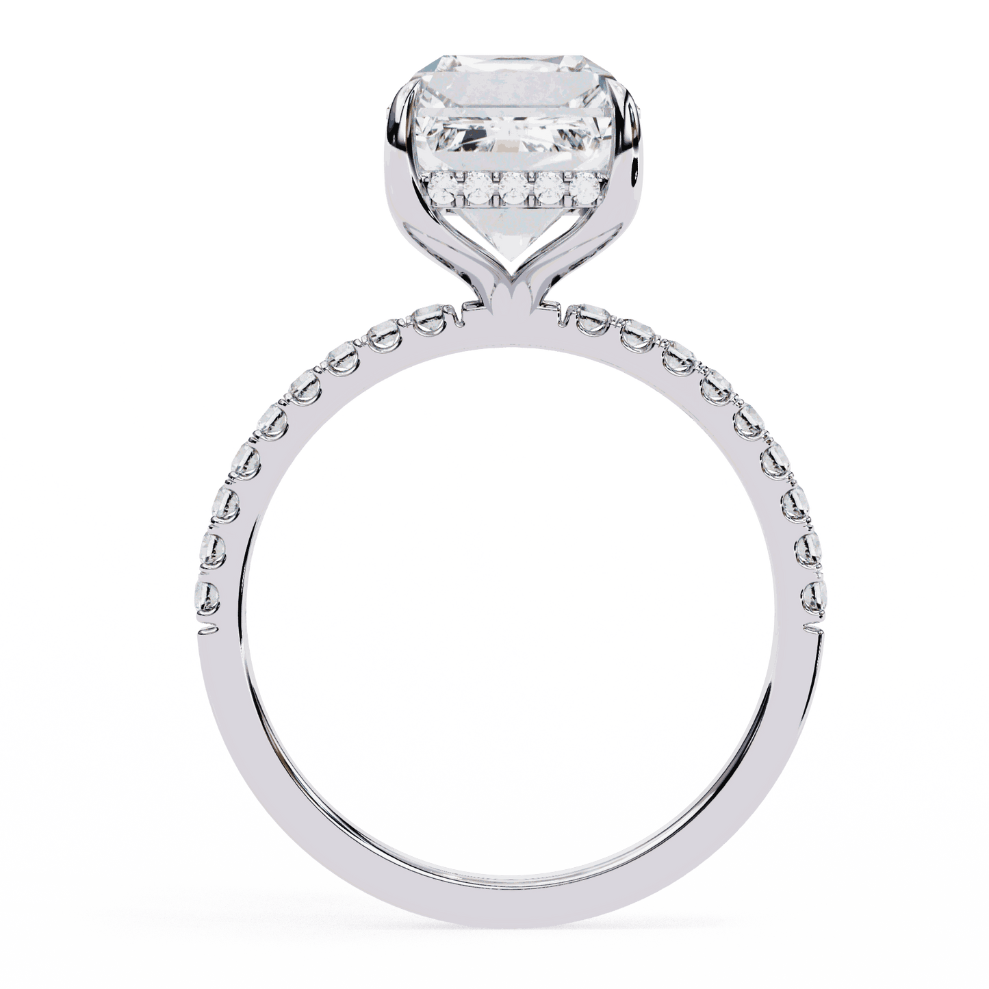 Emerald Cut Lab Grown Diamond Solitaire Engagement Ring with Hidden Halo and Pave Band