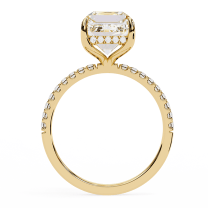 Emerald Cut Lab Grown Diamond Solitaire Engagement Ring with Hidden Halo and Pave Band