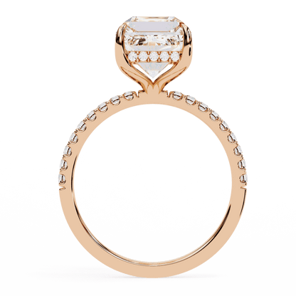 Emerald Cut Lab Grown Diamond Solitaire Engagement Ring with Hidden Halo and Pave Band