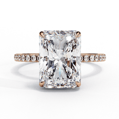 Radiant Cut Lab Grown Diamond Hidden Halo Engagement Ring | 14K White Gold Pavé Band