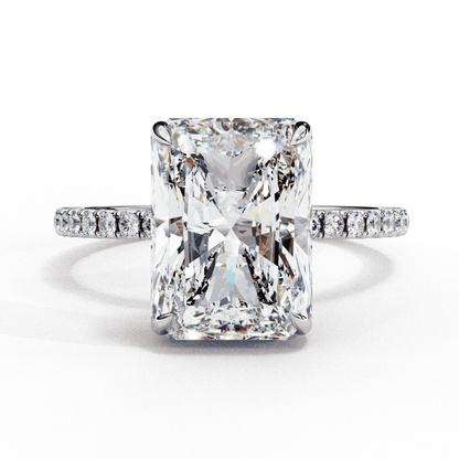 Radiant Cut Lab Grown Diamond Hidden Halo Engagement Ring | 14K White Gold Pavé Band