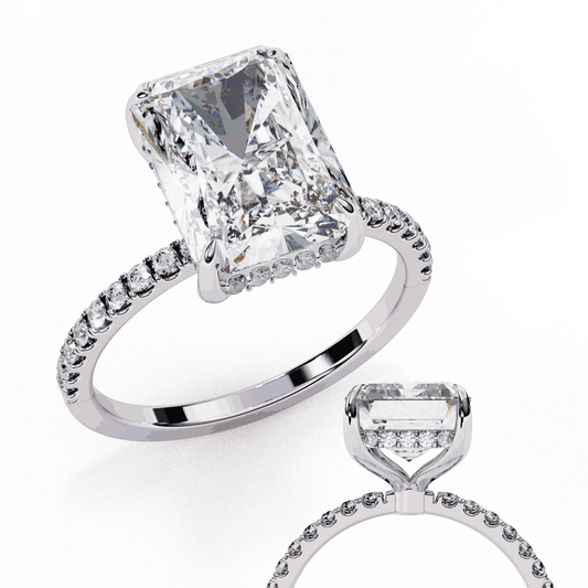 Radiant Cut Lab Grown Diamond Hidden Halo Engagement Ring | 14K White Gold Pavé Band