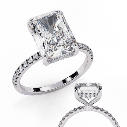 Radiant Cut Lab Grown Diamond Hidden Halo Ring with Pavé Band