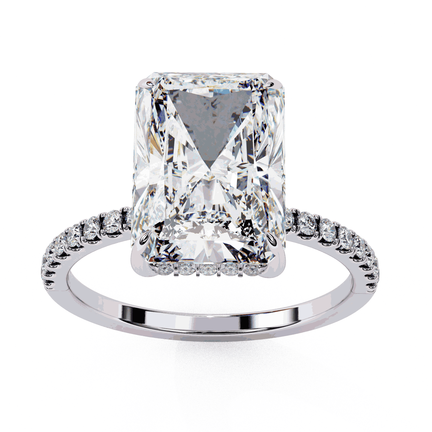 Radiant Cut Lab Grown Diamond Hidden Halo Engagement Ring | 14K White Gold Pavé Band