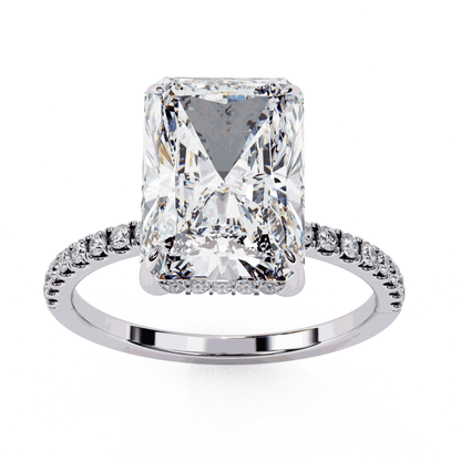Radiant Cut Lab Grown Diamond Hidden Halo Engagement Ring | 14K White Gold Pavé Band