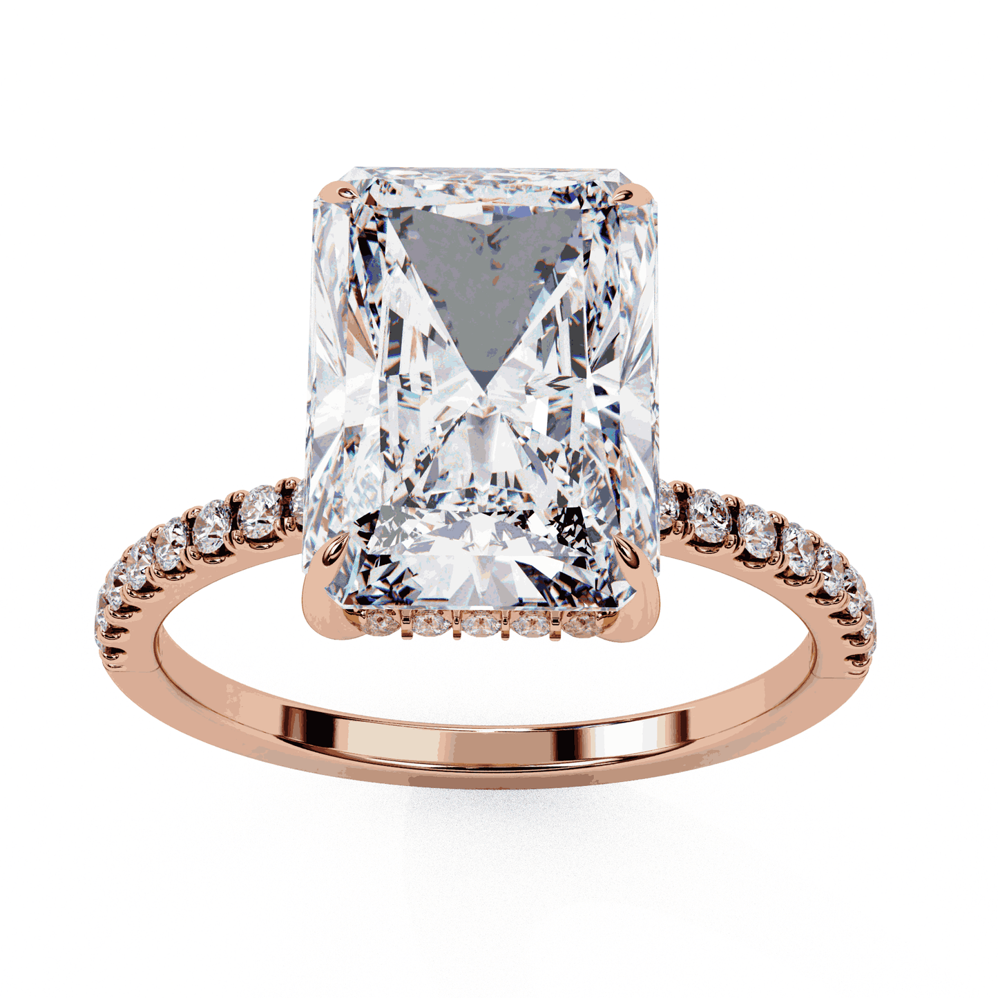 Radiant Cut Lab Grown Diamond Hidden Halo Engagement Ring | 14K White Gold Pavé Band
