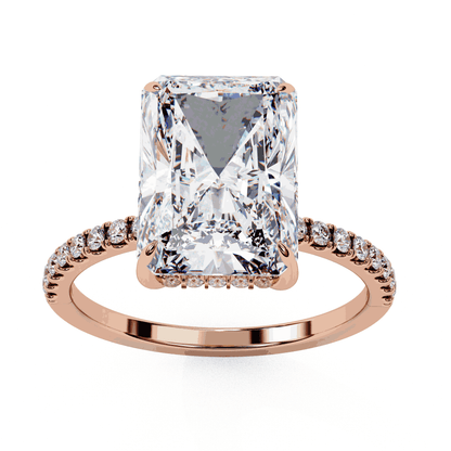 Radiant Cut Lab Grown Diamond Hidden Halo Engagement Ring | 14K White Gold Pavé Band
