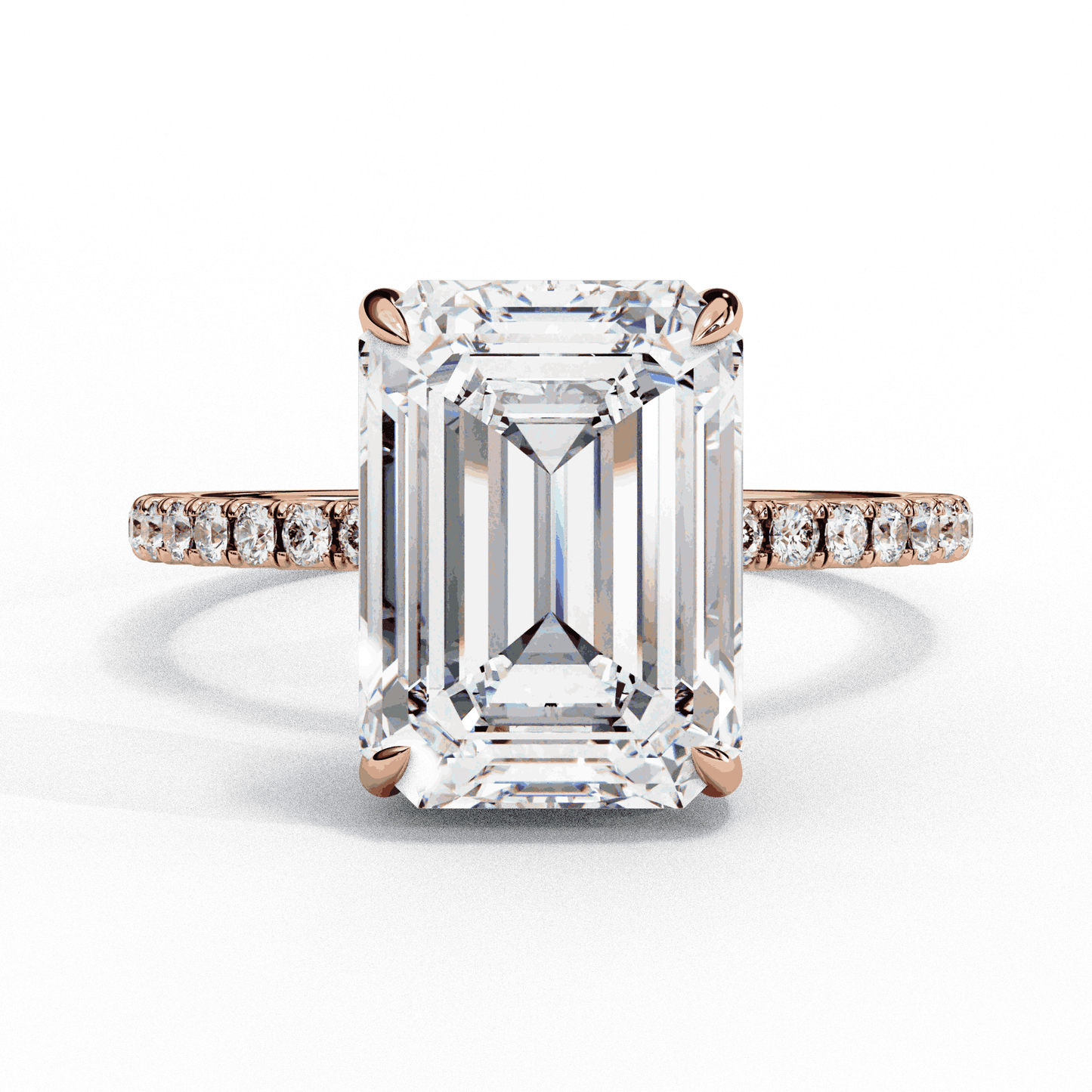 Emerald Cut Lab Grown Diamond Solitaire Engagement Ring with Hidden Halo and Pave Band