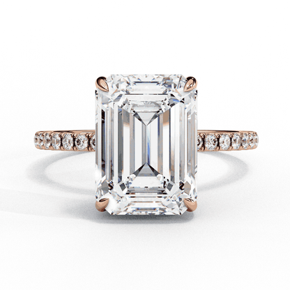 Emerald Cut Lab Grown Diamond Solitaire Engagement Ring with Hidden Halo and Pave Band