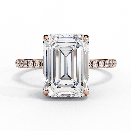 Emerald Cut Lab Grown Diamond Solitaire Engagement Ring with Hidden Halo and Pave Band