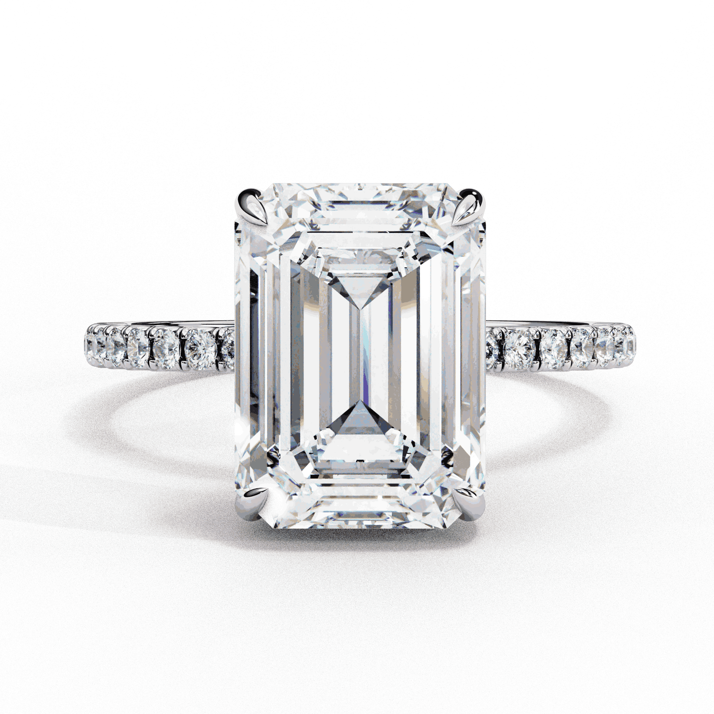 Emerald Cut Lab Grown Diamond Solitaire Engagement Ring with Hidden Halo and Pave Band