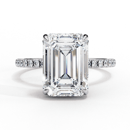 Emerald Cut Lab Grown Diamond Solitaire Engagement Ring with Hidden Halo and Pave Band