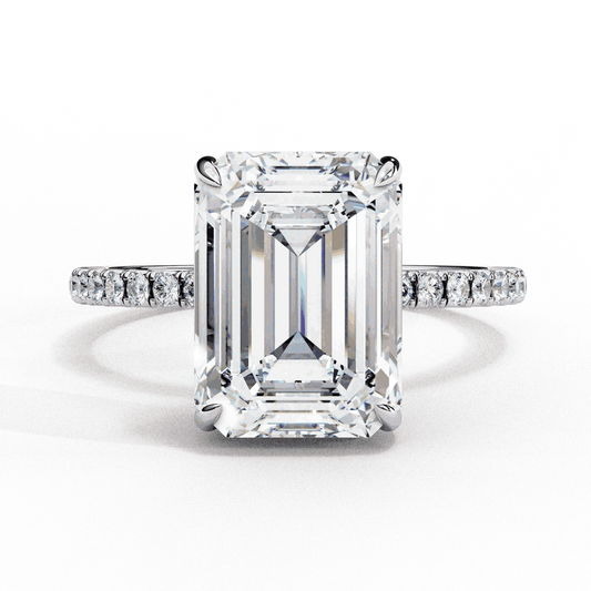 Emerald Cut Lab Grown Diamond Solitaire Engagement Ring with Hidden Halo and Pave Band